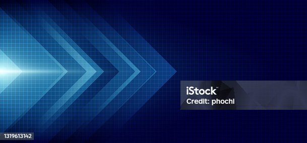 istock Abstract blue arrow glowing with lighting and line grid on blue background technology hi-tech concept 1319613142