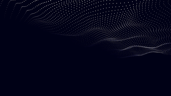 Abstract blue background of moving particles. Futuristic dotted 3D wave. Big data. Vector illustration.