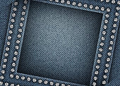 Vector abstract blue denim design with shifted square frame with silver spangles on denim background.
