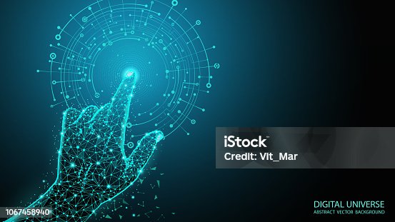 istock Abstract blue geometric background. Touch to electronic display. Virtual reality. Skeleton image of a human hand. 1067458940