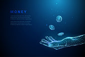 istock Abstract blue giving hand with flying coins 1316049640