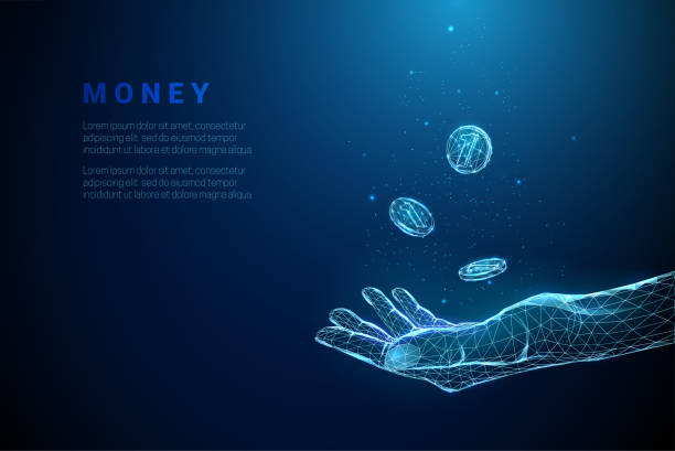 Abstract blue giving hand with flying coins Abstract blue giving hand with flying coins. Low poly style design. Finance concept. Modern 3d graphic geometric background. Wireframe light connection structure. Isolated vector illustration. blockchain illustrations stock illustrations