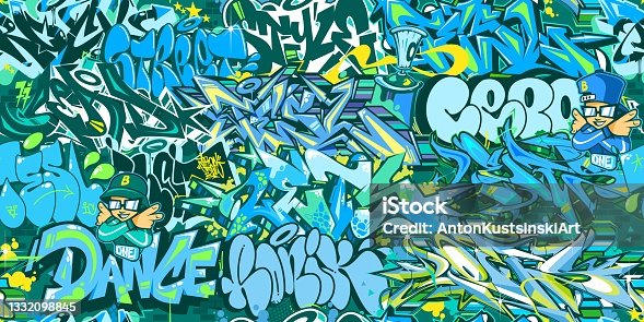 istock Abstract Blue Urban Graffiti Street Art Seamless Pattern. Vector Illustration Background Art 1332098845