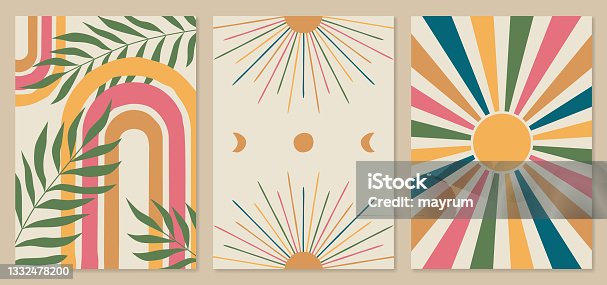 istock Abstract boho illustrations - rainbow, sun, moon phases. 60s art, boho home decor, mid-century wall posters 1332478200