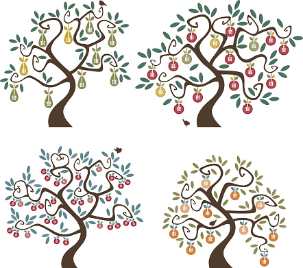 Abstract cartoon of 4 different fruit trees