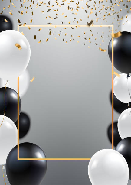 Abstract ceremonial silver background with black and white balloons. Gold frame and falling golden confeti. A4 design concept for grand opening invitation, sale banner, party flyer. Vector eps 10. Abstract ceremonial silver background with black and white balloons. Gold frame and falling golden confeti. A4 design concept for grand opening invitation, sale banner, party flyer. Vector eps 10. anniversary borders stock illustrations