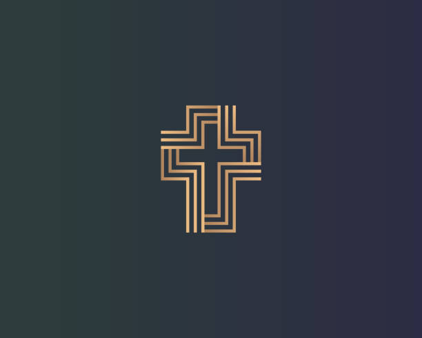 Abstract Christian linear gold gradient cross logo isolated on a dark background. Universal vector church religion faith sign simbol logotype Abstract Christian linear gold gradient cross logo isolated on a dark background. Universal vector church religion faith sign simbol logotype religious cross icons stock illustrations