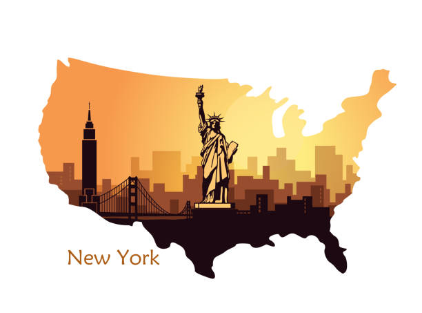 Abstract city skyline with sights of New York at sunset in the form of map the USA Abstract city skyline with sights of New York at sunset in the form of map the USA cartoon of a statue of liberty free stock illustrations