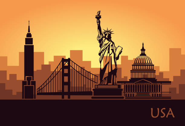 Abstract city skyline with sights of the USA at sunset. Vector illustration Abstract city skyline with sights of the USA at sunset. Vector illustration cartoon of a statue of liberty free stock illustrations