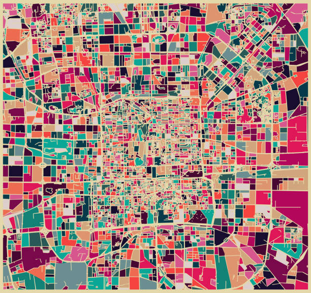 abstract color lump pattern,art map of Beijing city digital art background city patterns stock illustrations