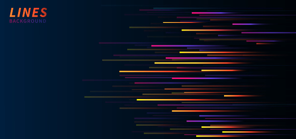 Abstract colorful horizontal speed lines on dark blue background. Technology style.