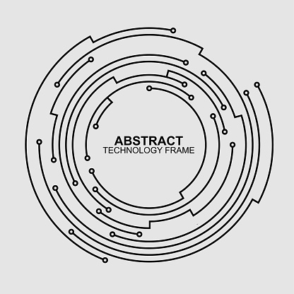 Abstract connection frame. Circular futuristic scheme. Structure of circuit board monochrome graphic. Motherboard technology ring. Mechanism of electronic communication device. Modern processor design