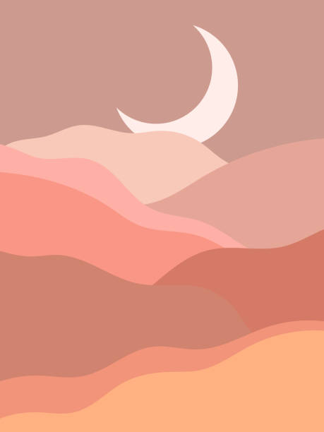 абстрактный современный эстетический фон с пейзажем, пустыней, горой, луной. земные тона, обожженный оранжевый, терракотовые цвета. boho наст� - бохо шик stock illustrations