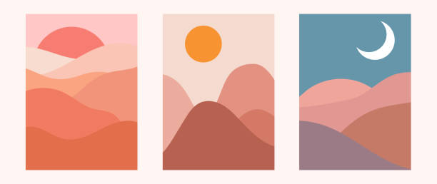 Abstract contemporary aesthetic backgrounds landscapes set with sunrise, sunset, night. Earth tones, pastel colors. Boho wall decor. Mid century modern minimalist art print. Flat design. Vector illustration landscape scenery designs stock illustrations