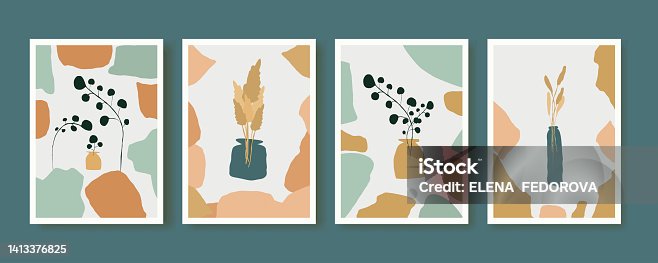 istock Abstract contemporary arts background with geometric balance shapes, Wild herbs in a vase and stones for wall decoration, postcard or brochure cover design. Vector illustrations design 1413376825