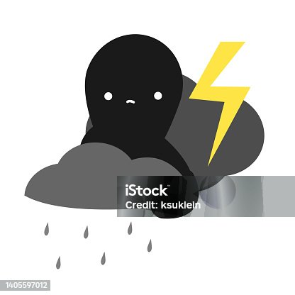 istock Abstract creature with rain clouds. Concept of mental health and state of mind. Upset, sadness emotion 1405597012