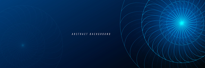 Abstract dark blue background. Glowing spiral lines. Shiny blue twisting circles design elements. Spiral and swirl motion. Modern futuristic technology horizontal banner design