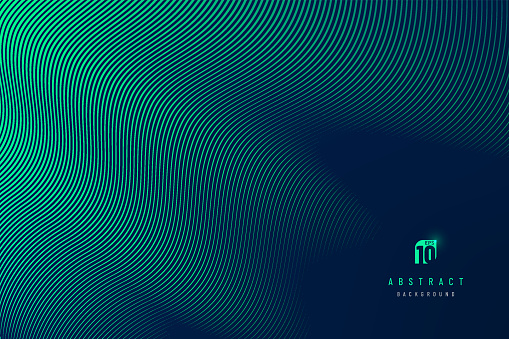 Abstract dark blue mesh gradient with glowing green curve lines pattern textured background. Modern and minimal template with copy space. Vector illustration