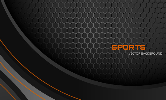 Abstract dark gray sports background with hexagon carbon fiber and orange lines.