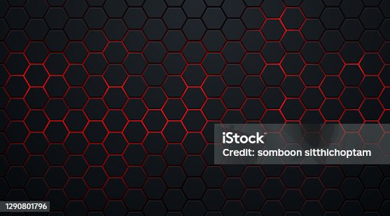istock Abstract dark hexagon pattern on red neon background technology style. Modern futuristic geometric shape web banner design. You can use for cover template, poster, flyer, print ad. Vector illustration 1290801796