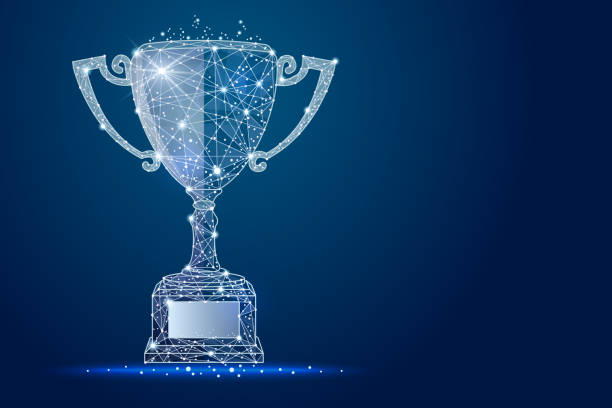 abstract design winner cup, logo isolated from low poly wireframe. abstract design winner cup, logo isolated from low poly wireframe on space background. Vector abstract polygonal image mash line and point. Digital graphics illustration trophy award stock illustrations