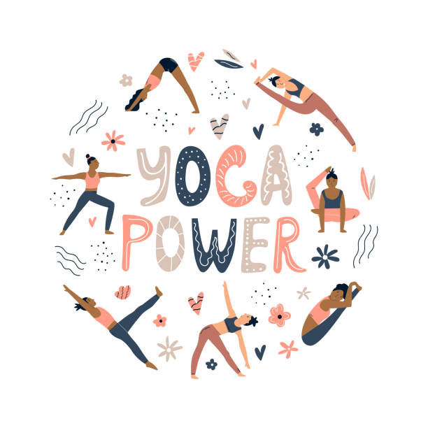 Abstract design with yoga girls in asanas and lettering text. Vector illustration Abstract design with yoga girls in asanas and lettering text. Vector illustration yoga borders stock illustrations