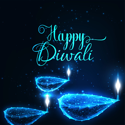Abstract digital Happy Diwali Holiday greeting card wigh burning diya lamps