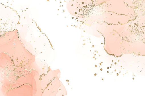 Abstract dusty blush liquid marbled watercolor background with golden cracks and stains. Pastel marble alcohol ink drawing effect with gold metallic foil. Vector illustration for wedding invitation