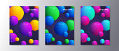 Abstract Dynamic 3d sphere Bubbles Design Set, glowing gradient neon balls, modern trendy poster or banner design vector template