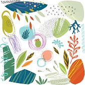 Set of scribble textures and hand drawn floral elements. Vector illustration.