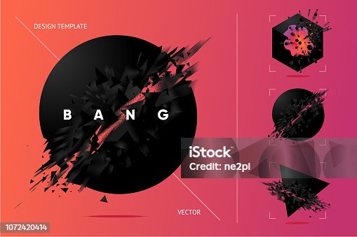 istock Abstract explosion shapes set with black particles. 1072420414