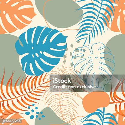 istock Abstract Floral seamless pattern with leaves. tropical background 1366627246