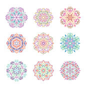 Mandala Vector Design Elements. Round ornament decoration. Flower patterns. Stylized floral motif. Abstract geometric pattern for kaleidoscope, medallion, yoga, indian, arabic decor