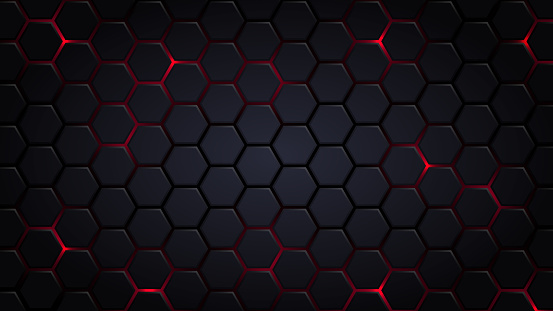Abstract Futuristic background with hexagons . dark sci-fi hi-tech wallpaper with red lights .