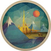Abstract futuristic landscape of the triangles with the sun. Vector illustration.