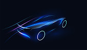 Abstract Futuristic Neon Glowing Concept Car Silhouette. Automotive template for your banner, wallpaper, marketing advertising. Vector eps 10 illustration.