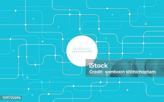 istock Abstract futuristic technology background light blue color curved lines, dots with copy space. Simple and minimal pastel striped line template. Flat design. Vector illustration 1291722596