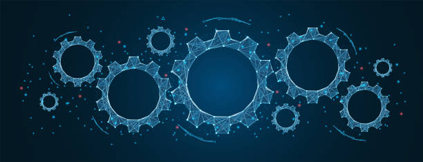 Abstract gear wheels in dark background. Cogs and gear wheel mechanisms concept. Mechanical technology machine engineering wireframe. low polygonal blue mesh with dots, lines, and shapes. vector 3d vector art illustration