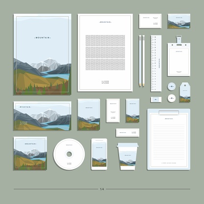 Abstract geometric corporate identity with illustration of mountain landscape. Stationery set. Creative design.