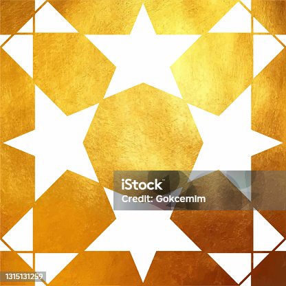 istock Abstract Geometric Gold Colored Background. Metallic invitation, brochure or banner with minimalistic geometric style. Lisbon Arabic Geometrical Mosaic, Mediterranean Ornament. Greeting Card Template, Vector Fashion Wallpaper, Poster. 1315131259