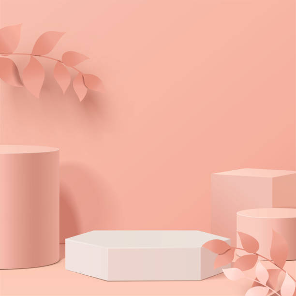 Abstract geometric mock up podium minimal scene with geometrical forms. Cylinder podiums in cream background with paper leave on column. Scene to show cosmetic product, Showcase, shopfront, display case. 3d vector illustration. beauty backgrounds stock illustrations