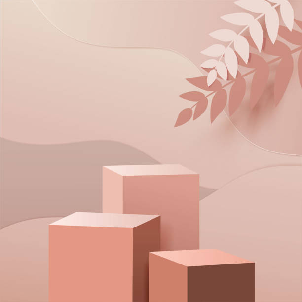 Abstract geometric mock up podium minimal scene with geometric forms. box cube podiums in cream background with paper leave on column. Scene to show cosmetic product, Showcase, shopfront, display case. 3d vector illustration. beauty stock illustrations