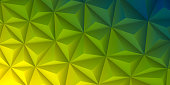 Modern and trendy abstract geometric background in a low poly style. Beautiful polygonal mosaic with a color gradient. This illustration can be used for your design, with space for your text (colors used: Yellow, Orange, Green, Blue). Vector Illustration (EPS10, well layered and grouped), wide format (2:1). Easy to edit, manipulate, resize or colorize.