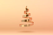Abstract glossy spiral Christmas tree. Golden coil metallic ribbon.  New year and xmas decoration concept. 3d minimal pastel colored background