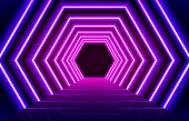 Abstract glowing magenta blue neon lights line floor background.  Perspective hexagon led concept.  vip neon lights entrance or festival concept. vector illustration.