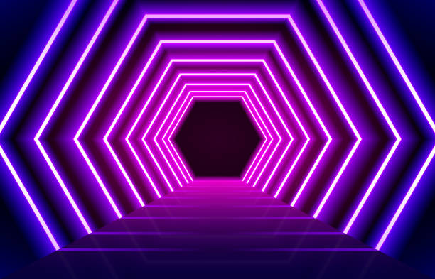 Abstract glowing magenta blue neon lights line floor background.  Perspective hexagon led concept.  vip neon lights entrance or festival concept. Abstract glowing magenta blue neon lights line floor background.  Perspective hexagon led concept.  vip neon lights entrance or festival concept. vector illustration. techno music stock illustrations