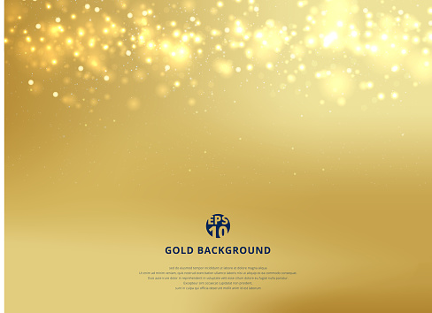 Abstract gold blurred background with bokeh and gold glitter header.