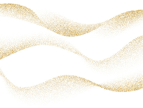 Abstract Gold Waves. Shiny golden lines design element with glitter effect on white background for greeting card and disqount voucher.