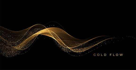 Abstract Gold Waves. Shiny golden moving lines design element with glitter effect on dark background for greeting card and disqount voucher.