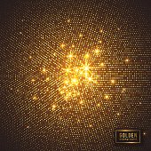 Abstract golden background. Halftone glitter effect with dot and glowing lights. Vector illustration.